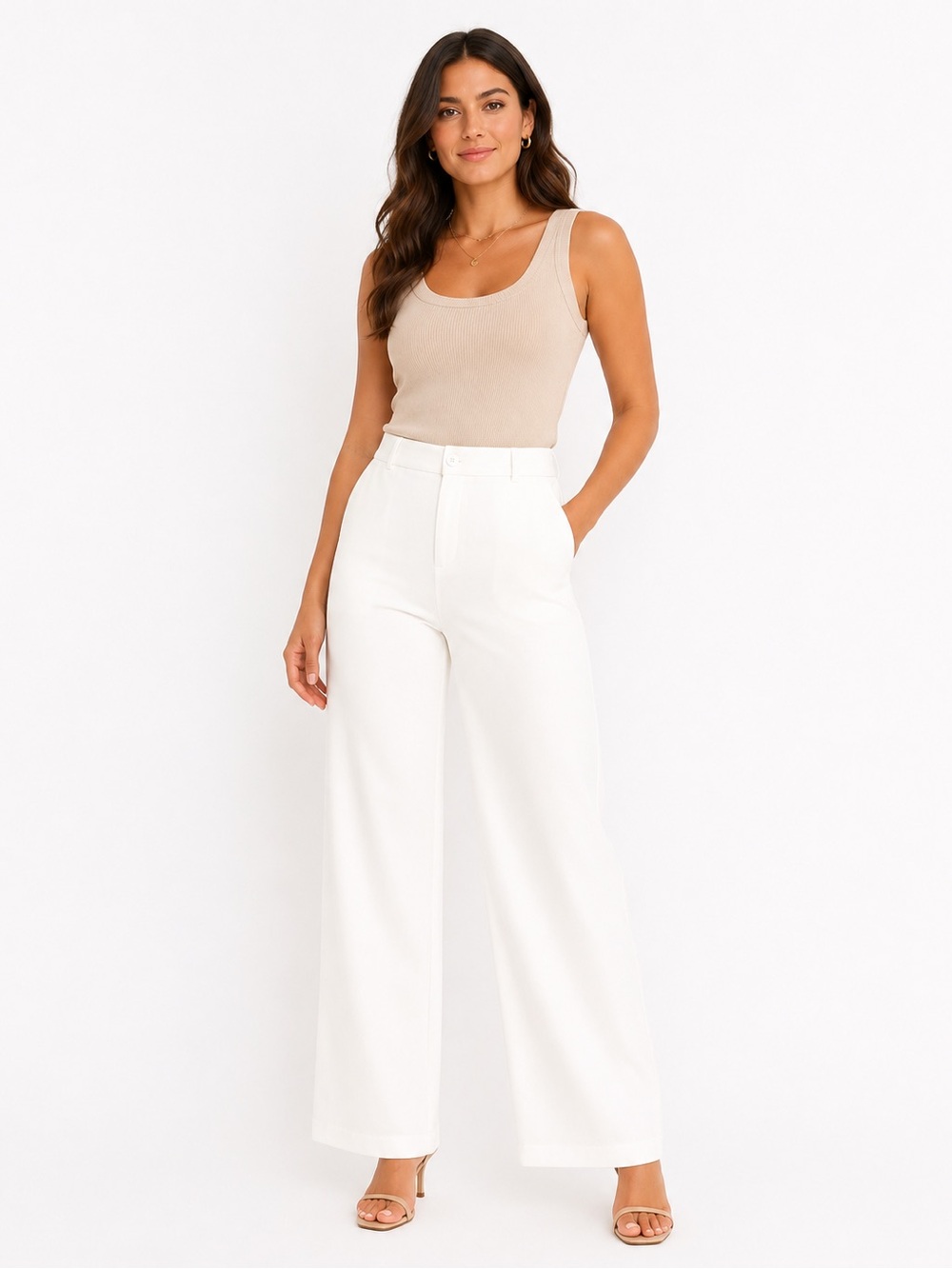 Micas White Wide Leg Pants Women Size M Elastic Waist High Rise NWT Stretch